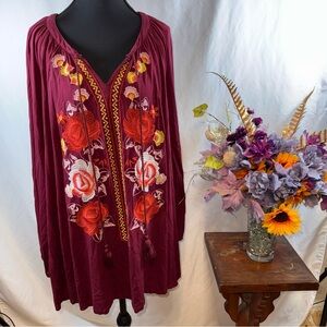 Mittoshop Burgundy Boho Embroidered Tunic Top Floral Peasant Blouse Medium